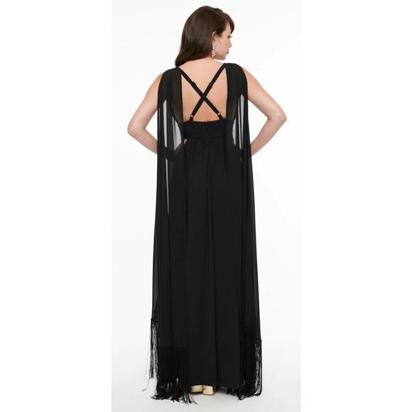 Smak Parlour Unique Vintage 1970’s Black Fringe Cape Maxi Dress 3X 20 NWOT - Picture 3 of 5